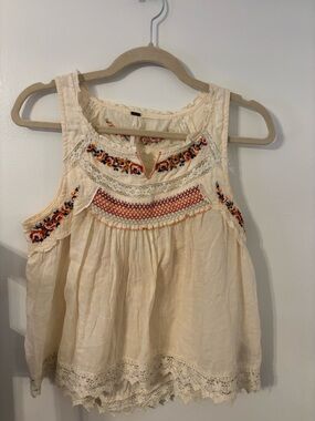 Free People Cream Embroidered and smocked Cropped Top